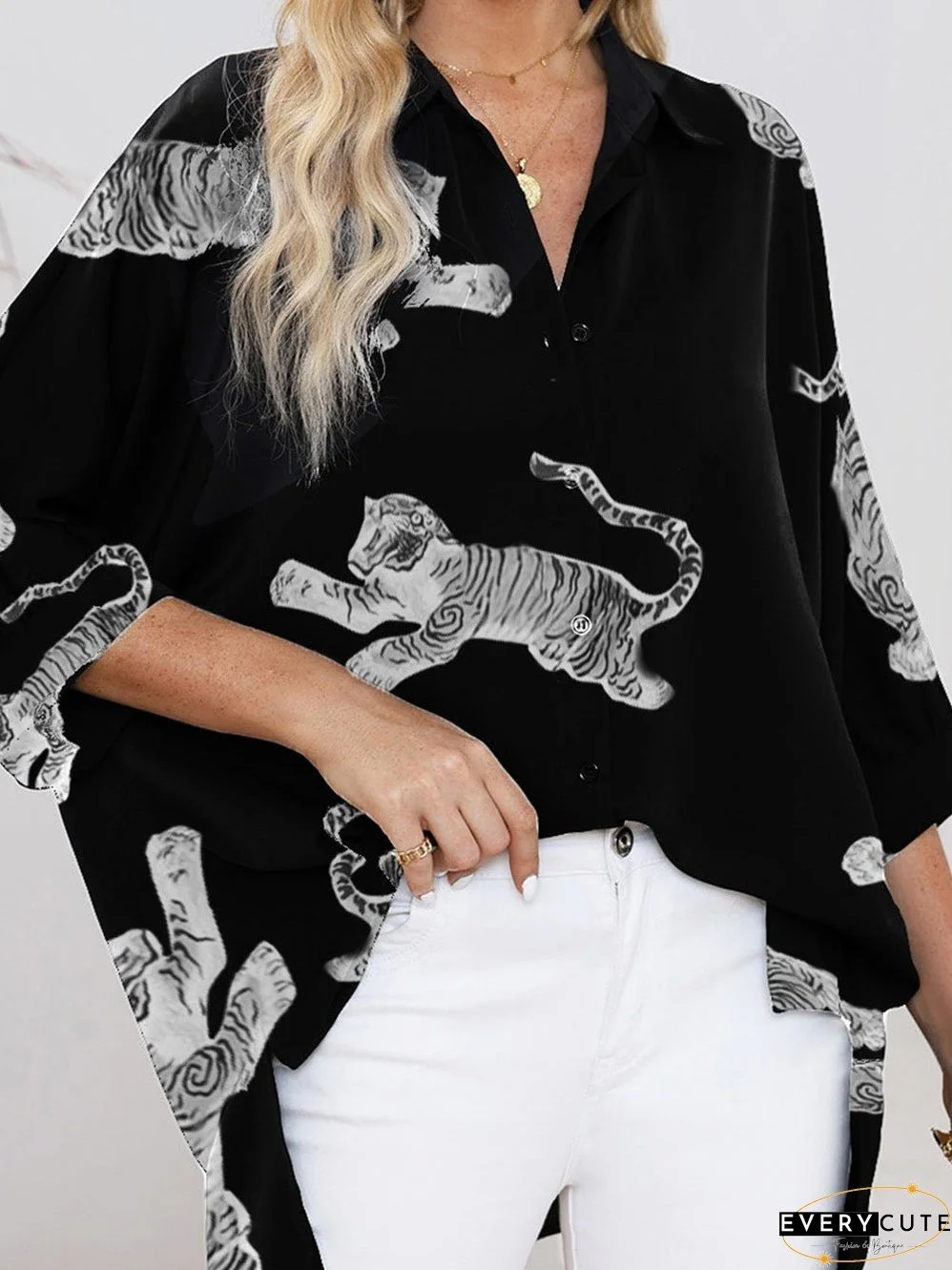 Wild Tiger Print Loose Fit Shirt with 3/4 Sleeves