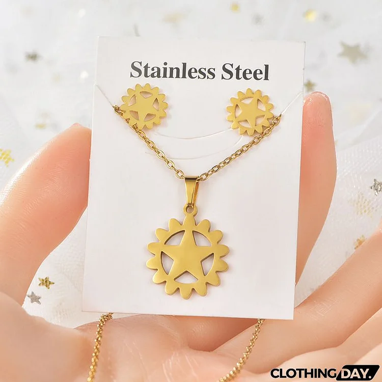 Women's Fashion Titanium Steel Irregular Pattern Snowflake Puzzle Plating Floral Necklace Earrings Two-Piece Set