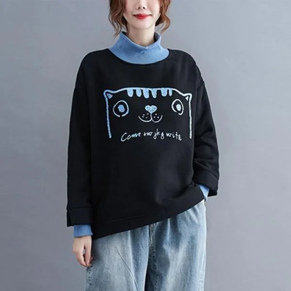 Style Cartoon Print Turtleneck Loose Female Pullovers Hoodies