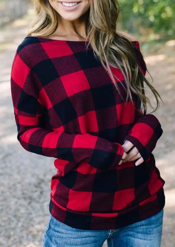 Plaid Off Shoulder Blouse - Red