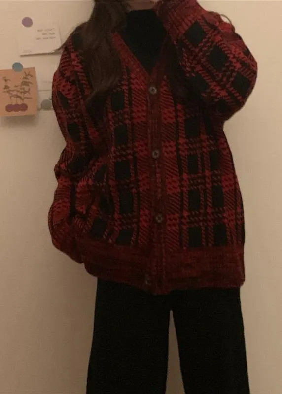 Chunky red plaid knit coats Loose fitting winter knit sweat tops v neck