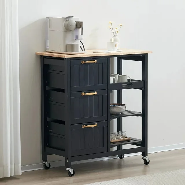 Kitchen Island Cart on Wheels, Rolling Kitchen Island with Storage | Spice Rack | Towel Holder, Microwave Stand Coffee Cart Trolley Cart, Black