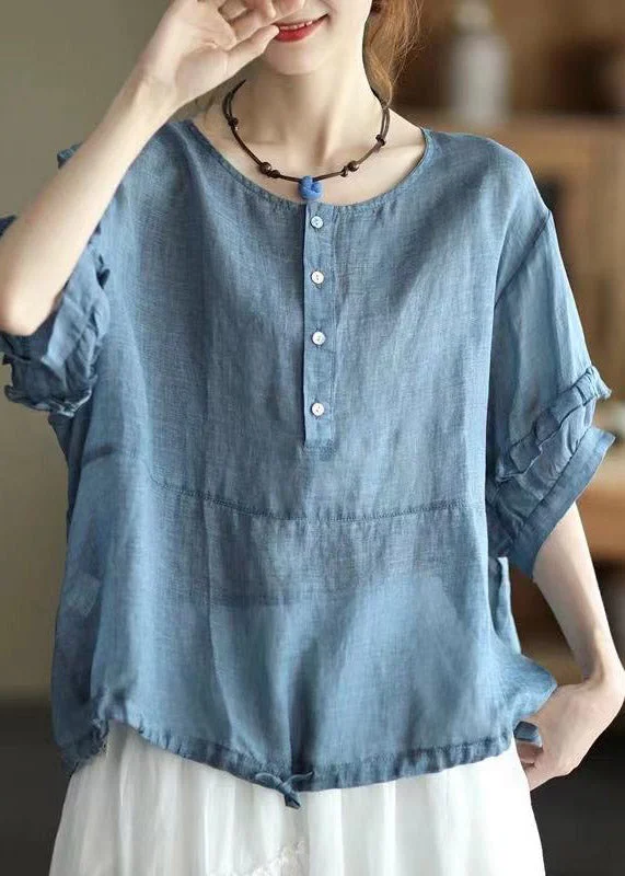 Retro Blue O-Neck Ruffled Button Drawstring Top Half Sleeve