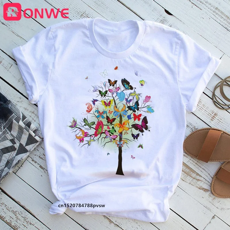 3D Butterfly Tree Print Women T-shirt Summer Casual 90s Harajuku Funny Tshirt Female Soft Short Sleeve Tops,Drop Shipping