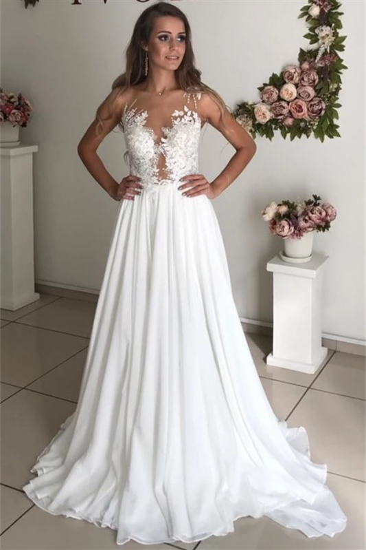 Elegantes ärmelloses langes Chiffon Strand Hochzeitskleid mit Applikationen PD0971 Lunass