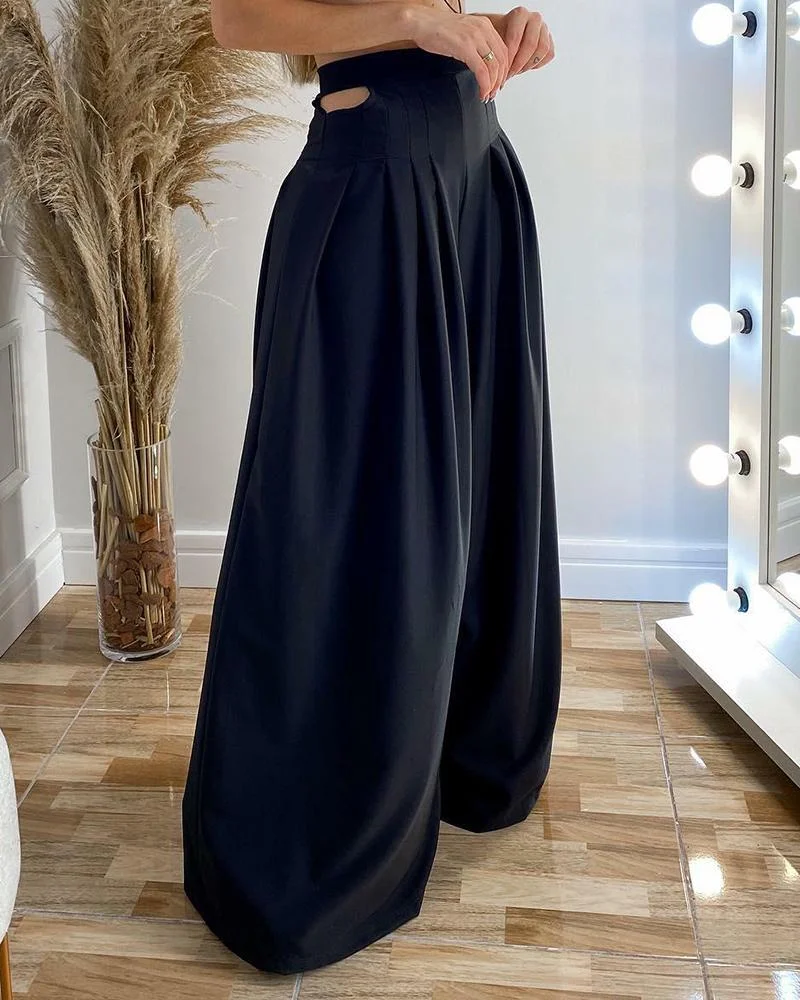 Two-piece set of crop top & plain wide-leg pants