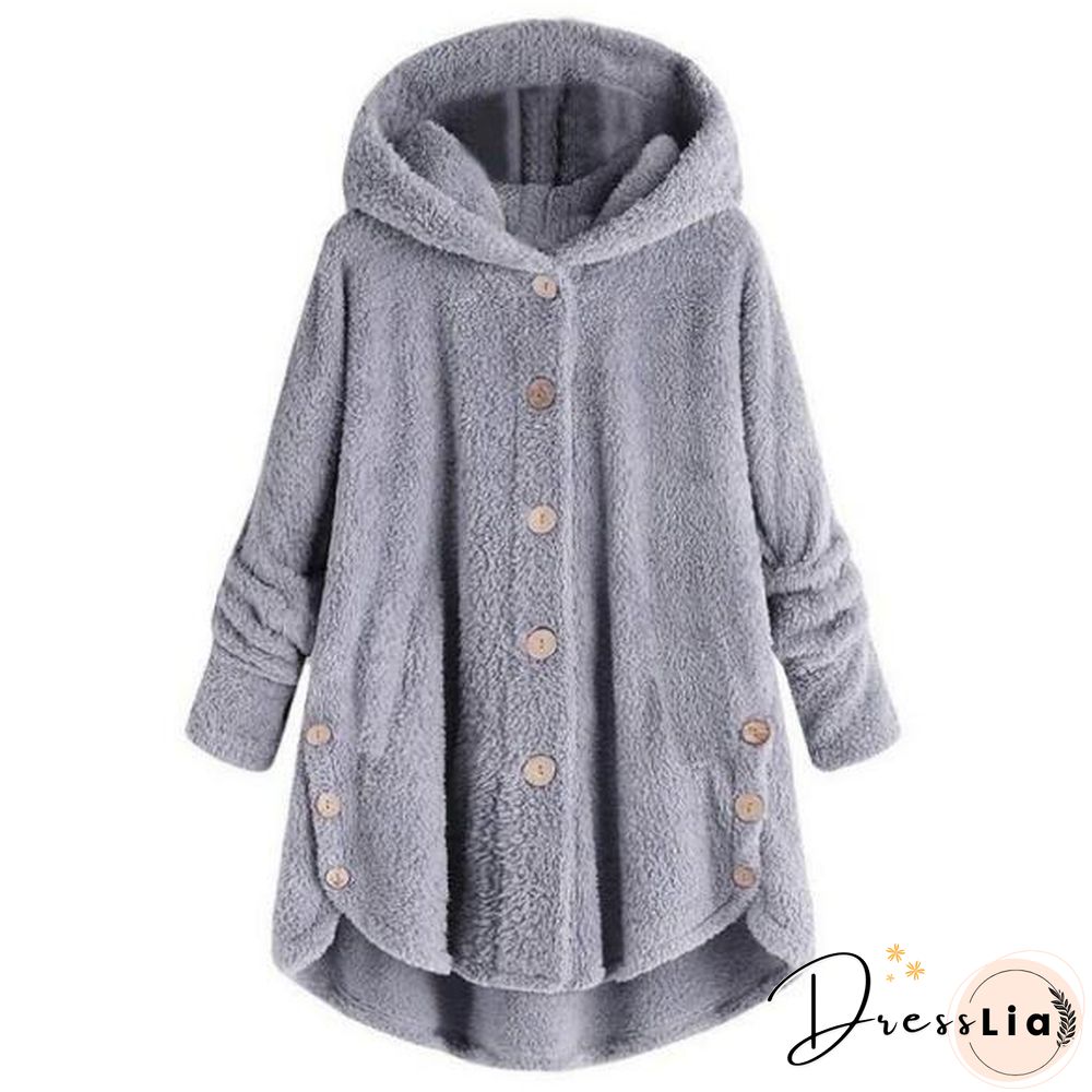 Button Solid Color Warm Coat With Hood