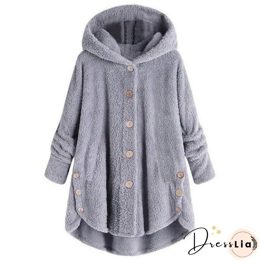 Button Solid Color Warm Coat With Hood