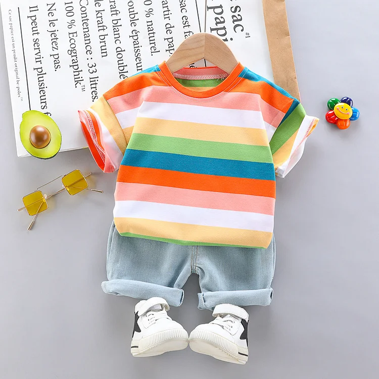 2pcs Baby Boy/Girl Colorful Stripe Pullover T-shirt & Rolled Denim Pants Set