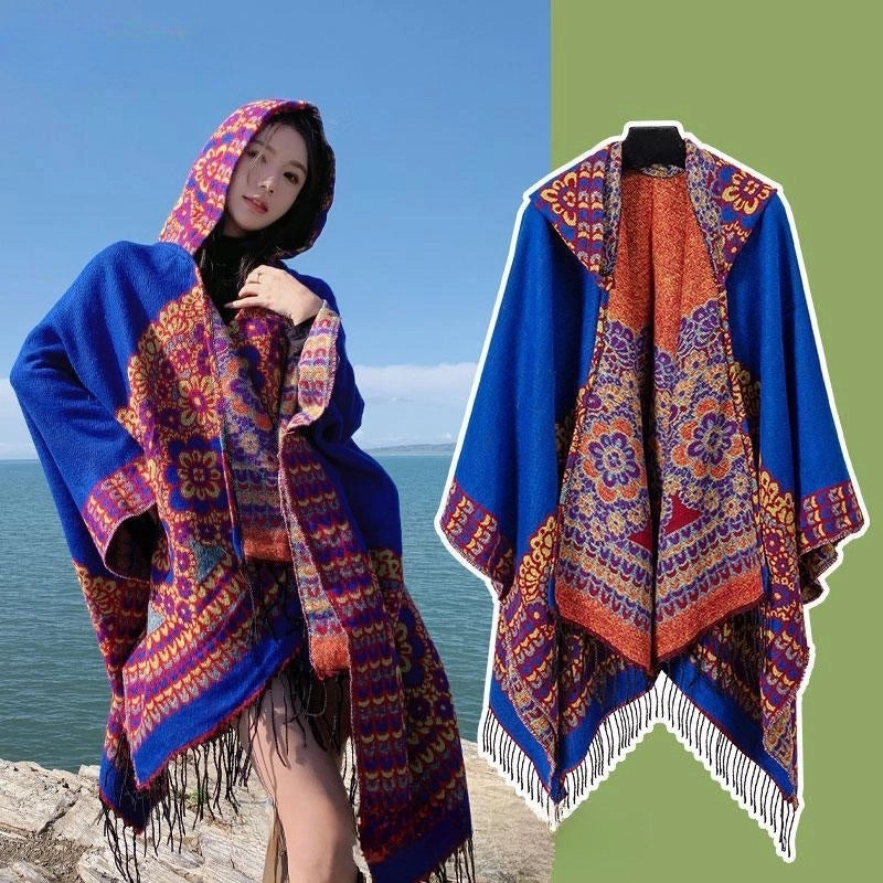 Ethnic Style Hooded Cape Women’s Yunnan Tibet Western Sichuan Grassland Bohemia Travel Wear Scarf Coat