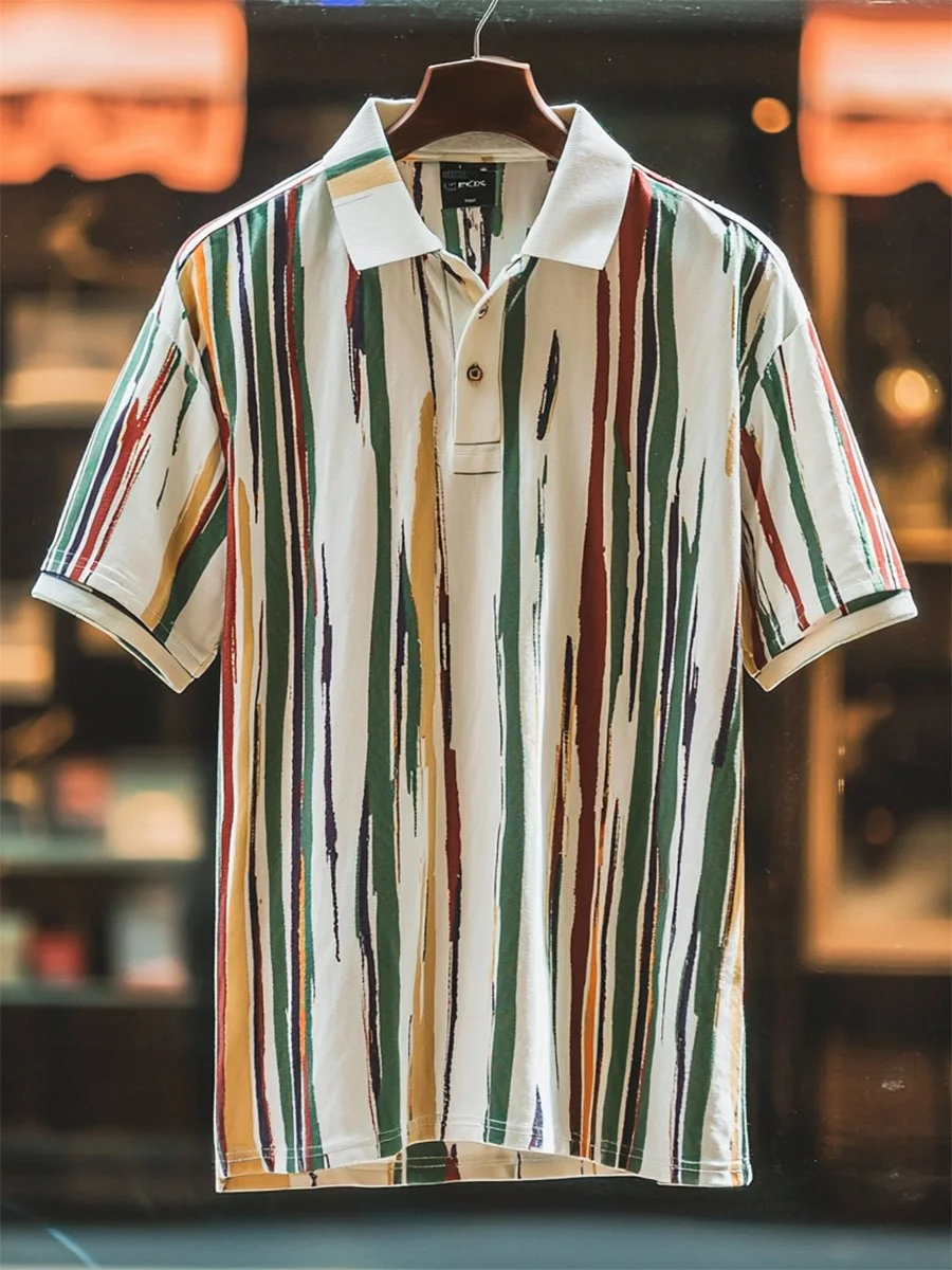 Men's Business Casual Stripe Print Button Short Sleeve Polo Shirt 