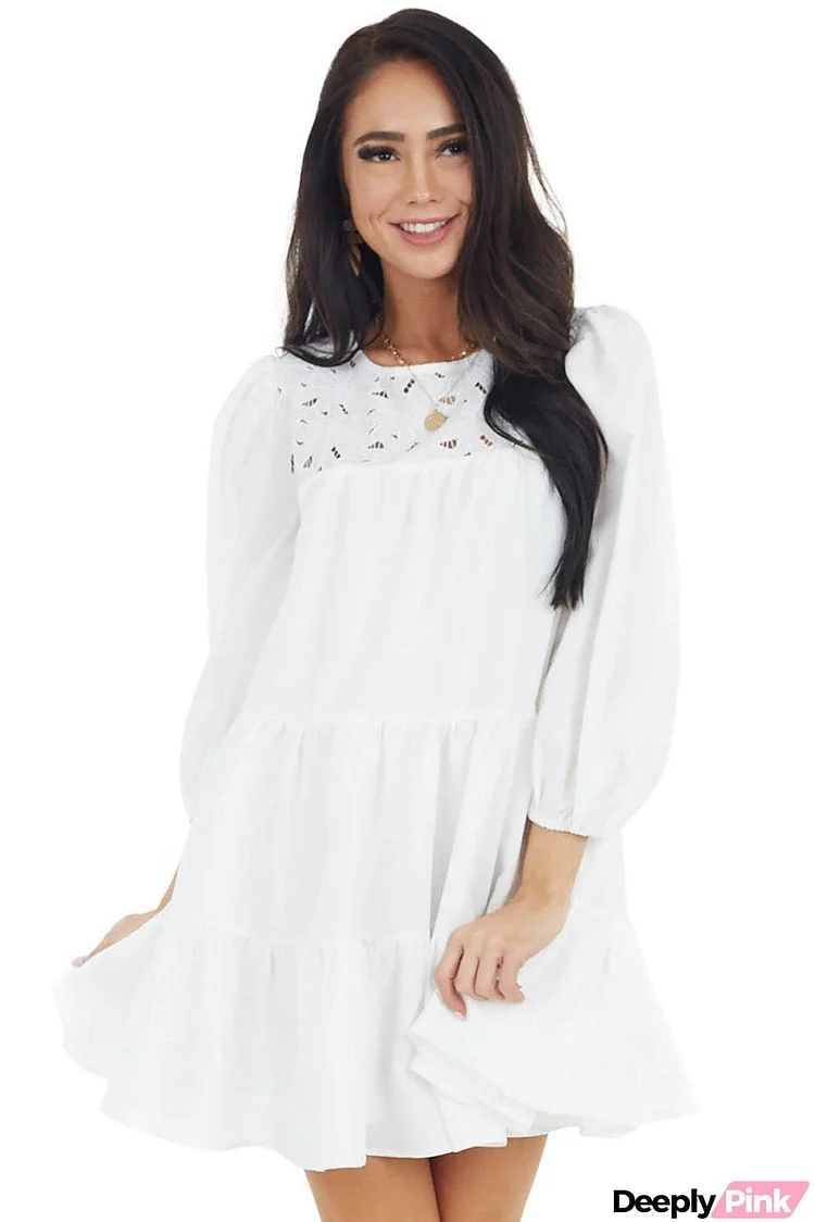 Eyelet Lace Yoke Mini Dress with 3/4 Bubble Sleeves