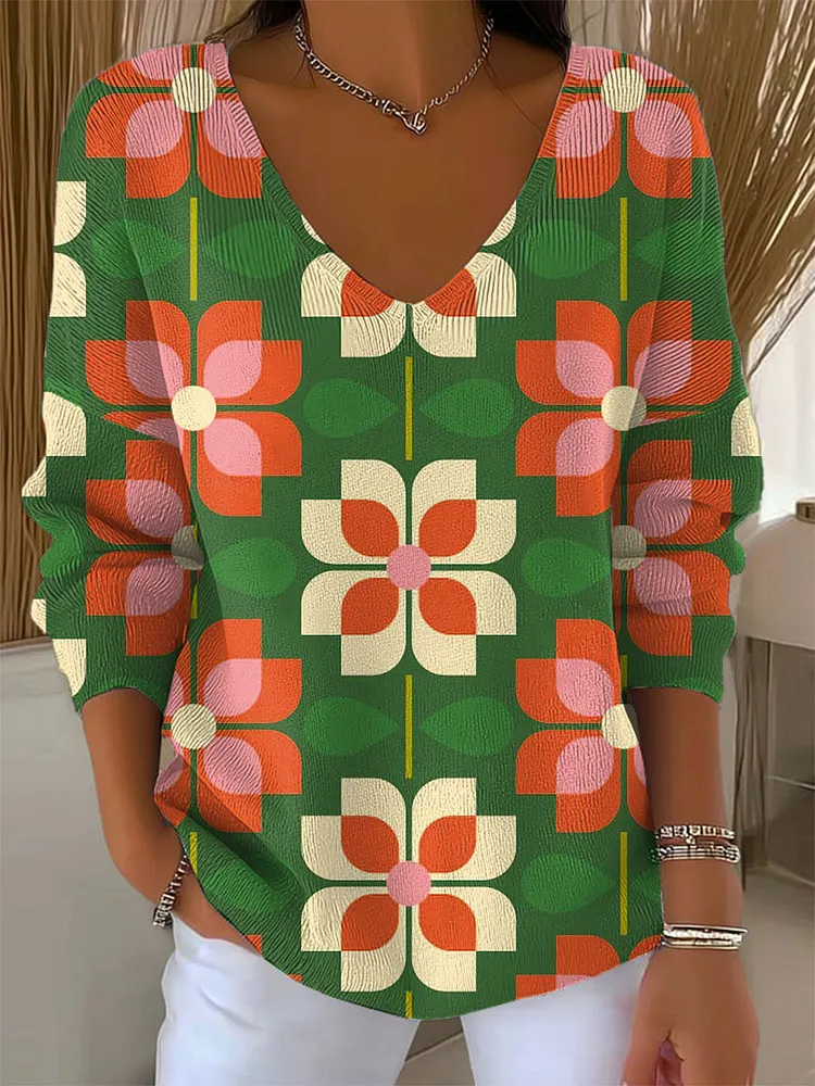Women's Vintage  Flower Art Print Casual Pullover Sweater