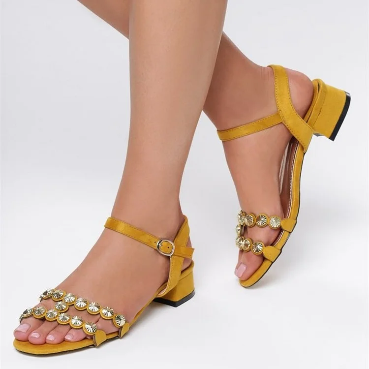 Yellow Vegan Suede Studded Block Heel Sandals |FSJ Shoes