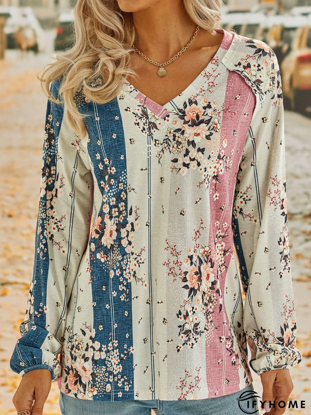 Long sleeve V Neck Floral Casual T-Shirt | IFYHOME