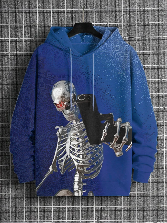 Men's Surreal Funny Skeleton and Gun Art Print Casual Hoodie