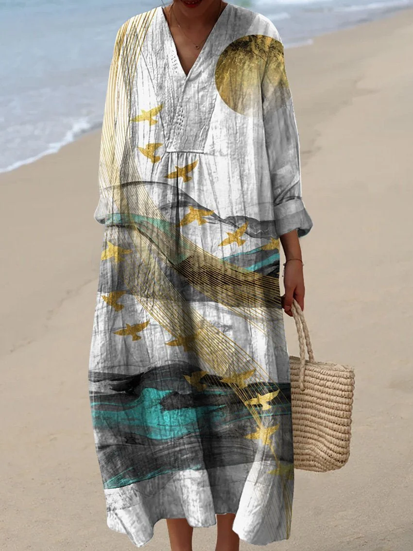 Elegant Bird Migration Japanese Art Printed Women's Dress