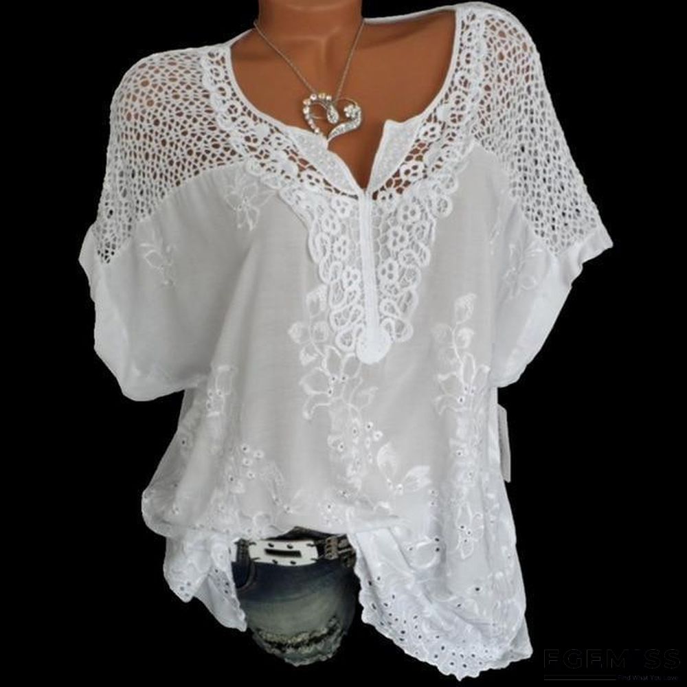 Large Size Women Short-sleeved Blouse V-neck Bat Sleeve Lace Blouse Tops | EGEMISS