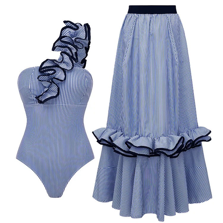 One Shoulder Ruffle Stripe Print One Piece Swimsuit and Skirt