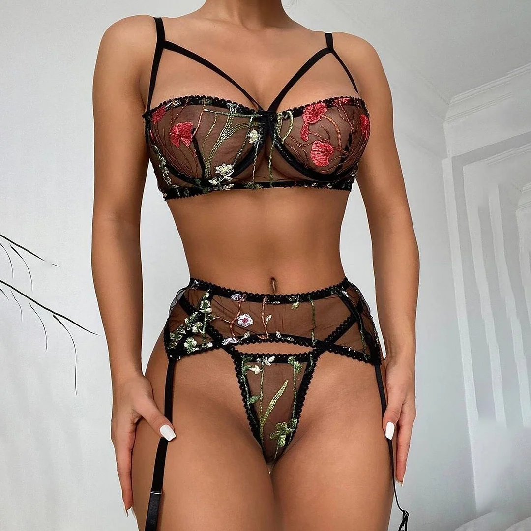 Billionm Flower Embroidery Lace Bra Set Women's Underwear Erotic Cut-out Bra Lingerie Sexy G string Garter Set Lenceria Sensual Mujer 3XL