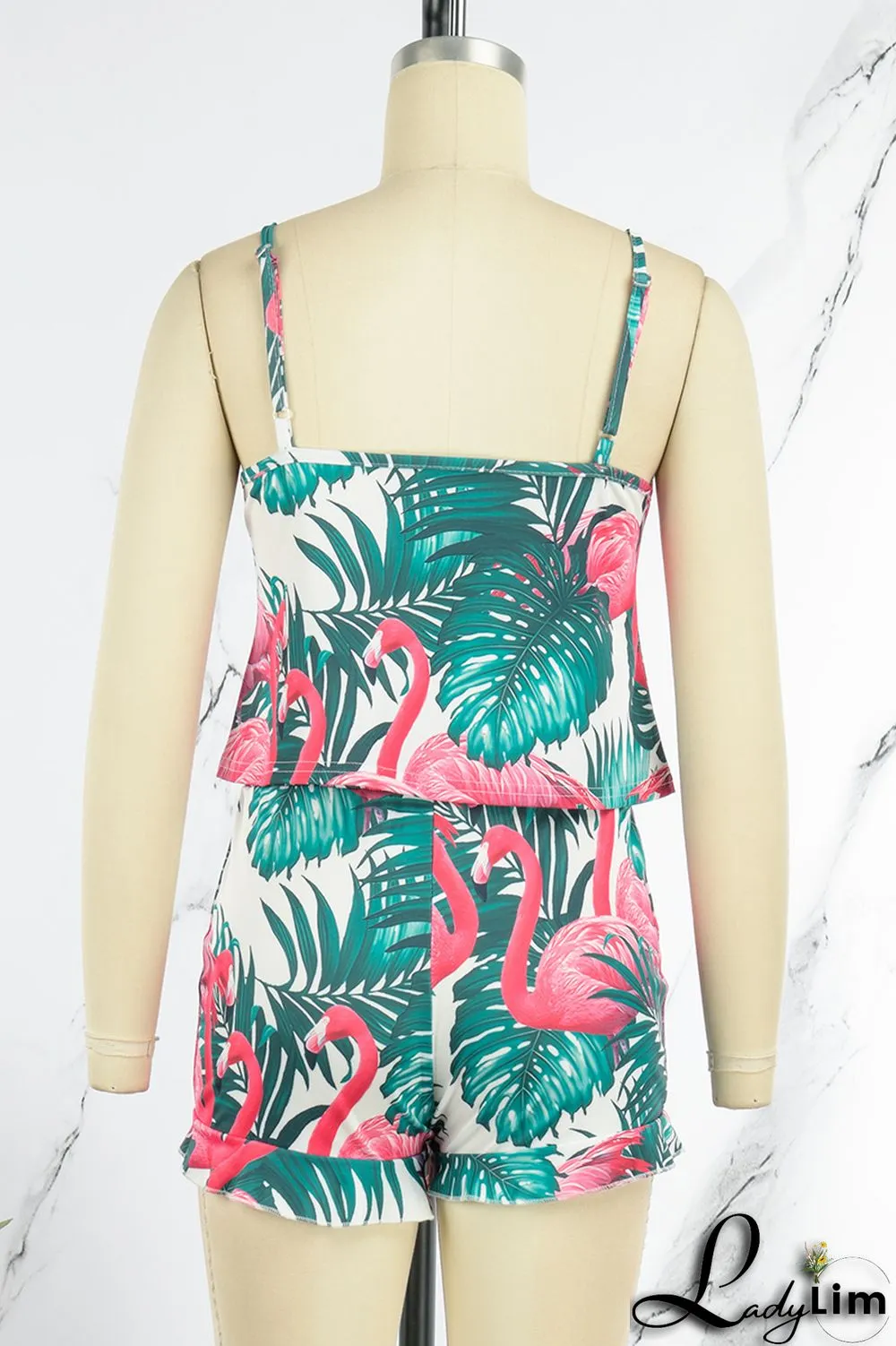 Light Blue Sexy Casual Print Backless Spaghetti Strap Two Pieces