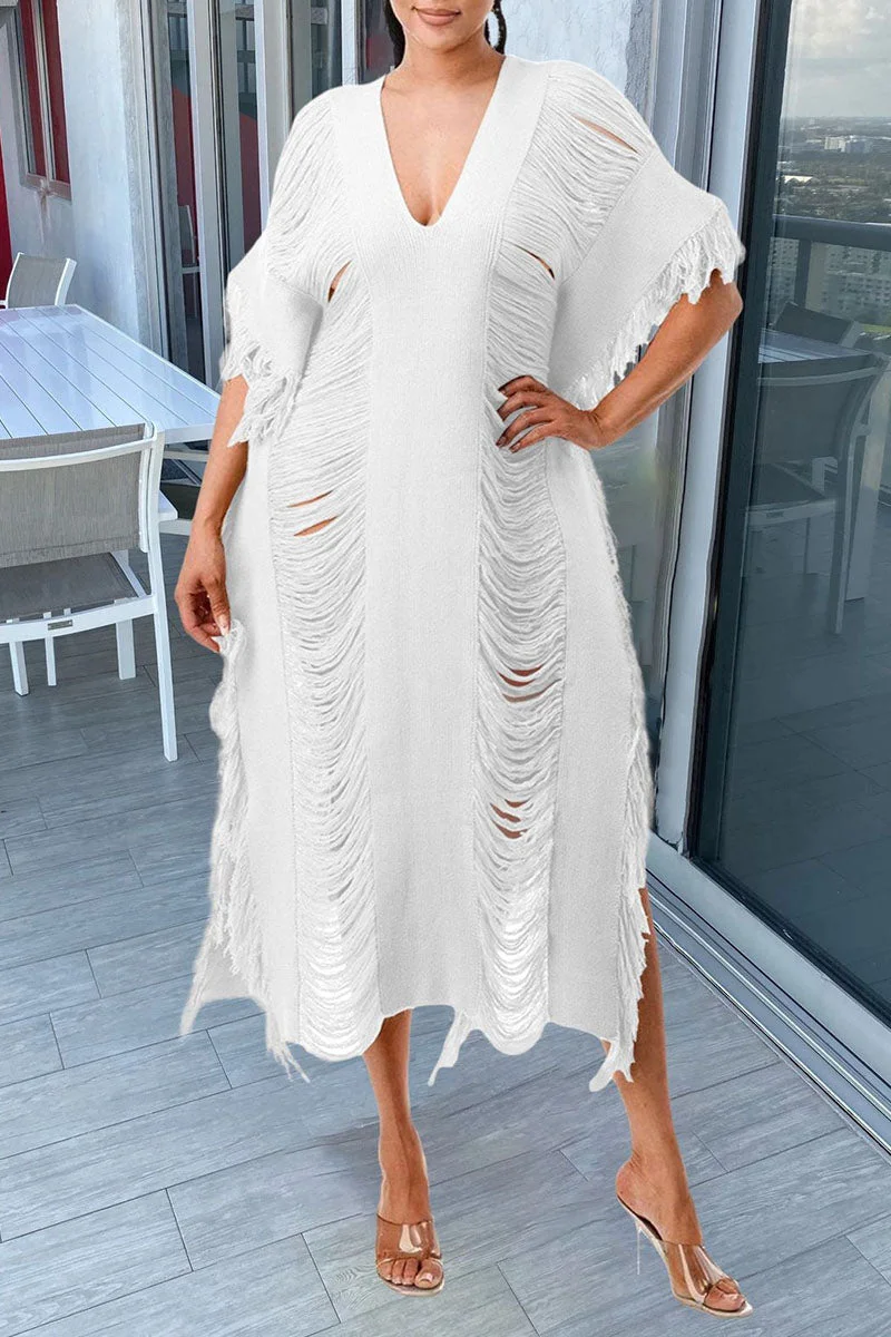 Sexy Solid Tassel Hollowed Out Patchwork V Neck Beach Dress Dresses