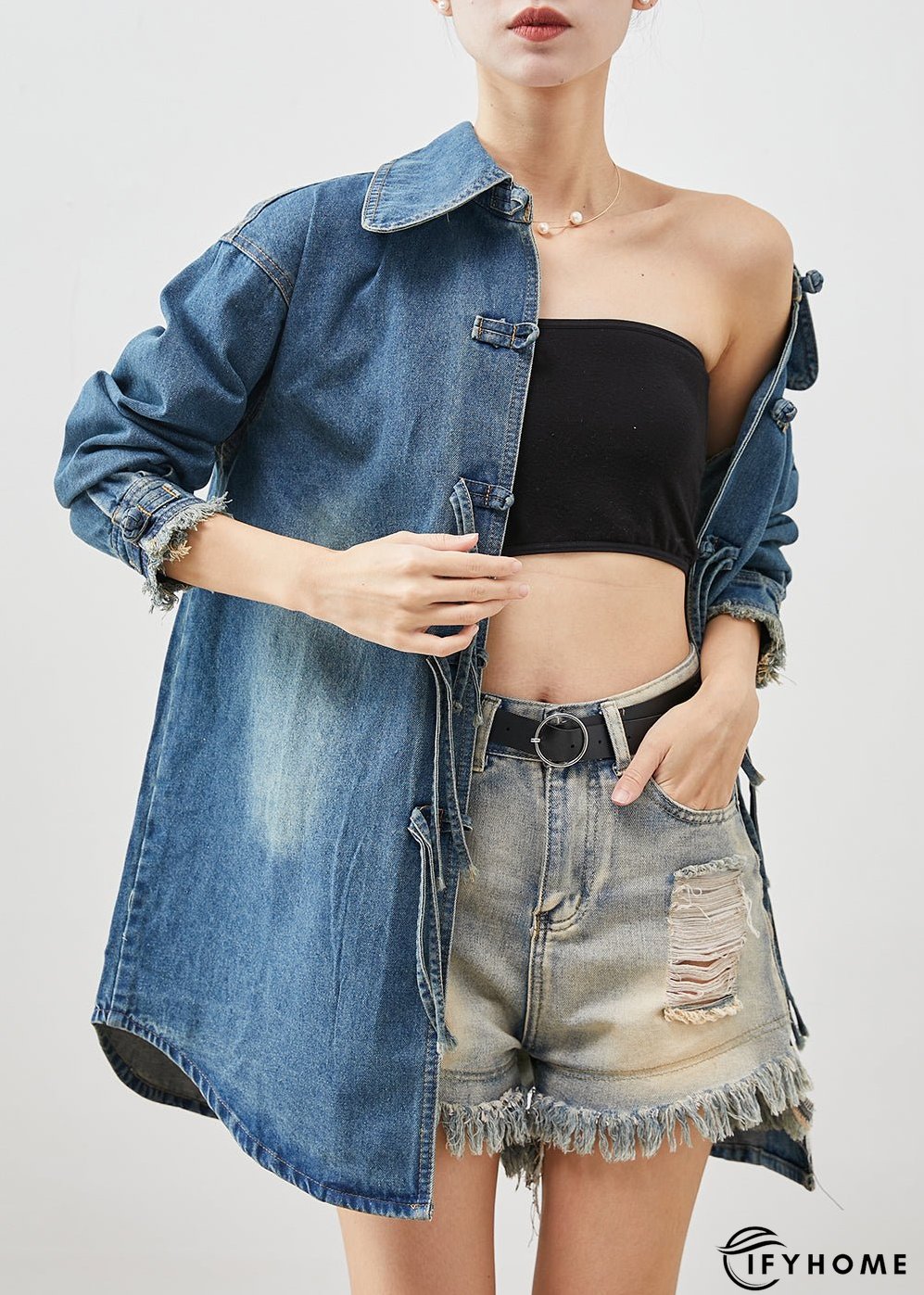 Plus Size Denim Blue Chinese Button Cotton Coat Outwear Spring | IFYHOME