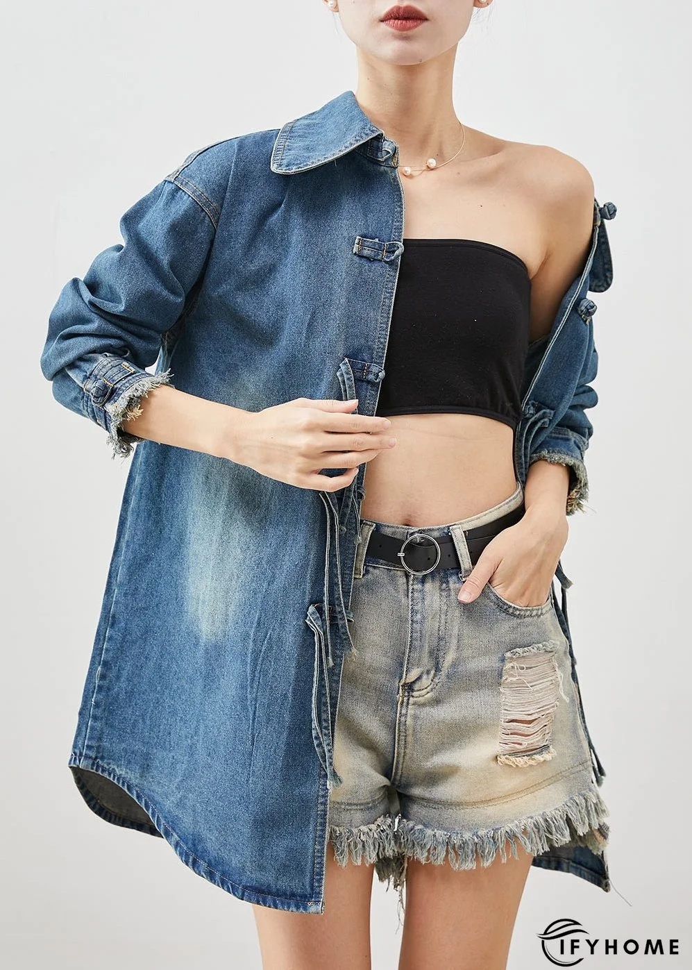 Plus Size Denim Blue Chinese Button Cotton Coat Outwear Spring | IFYHOME