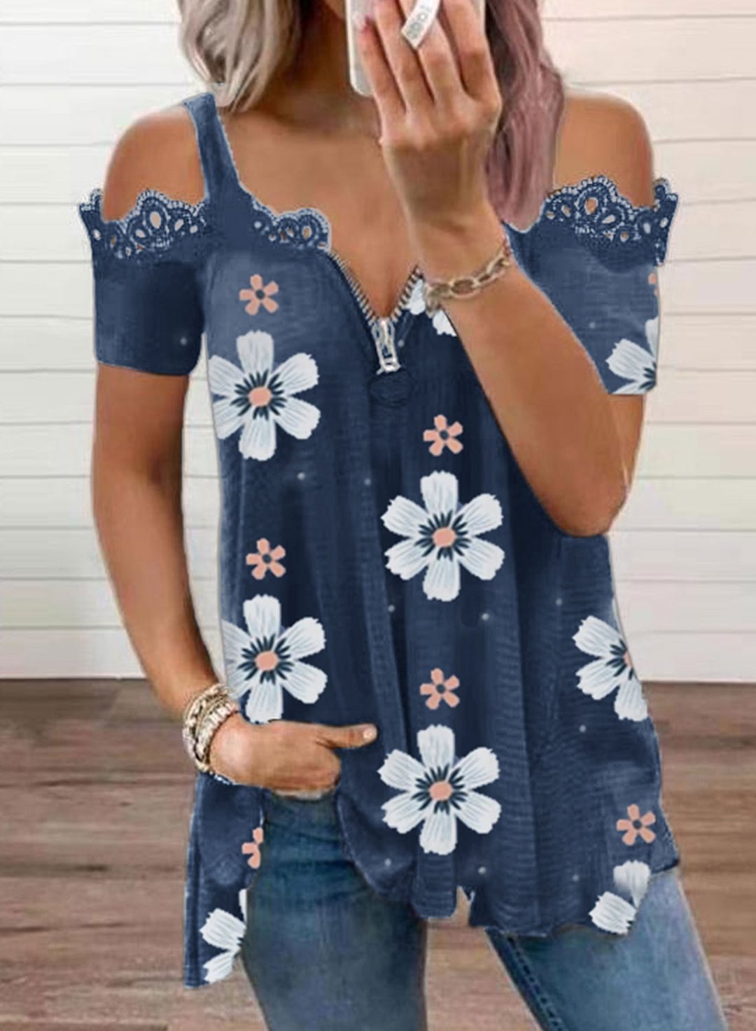 Women's Daisy Blue Blouses Floral Print Zip Off Shoulder Blouse