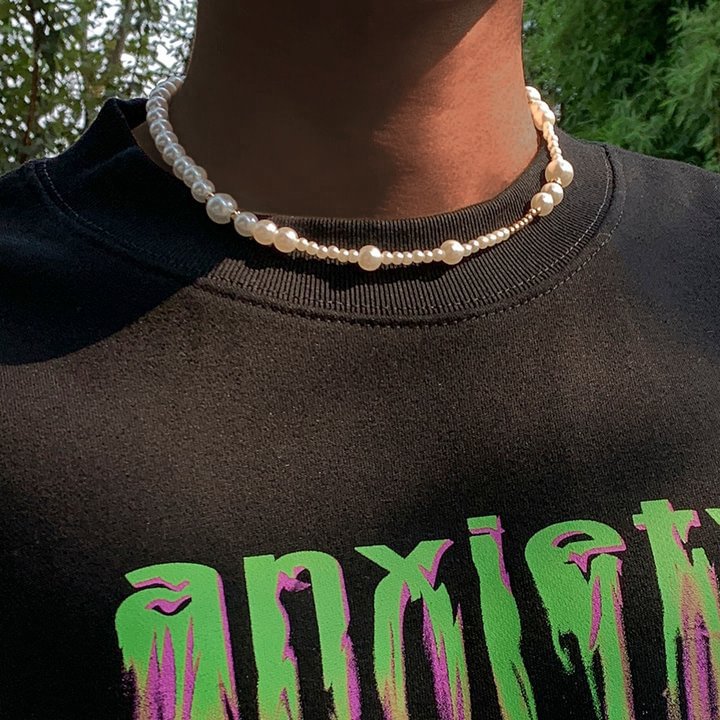 8MM Asymmetry Beaded Pearl Choker Necklace for Men Jewelry