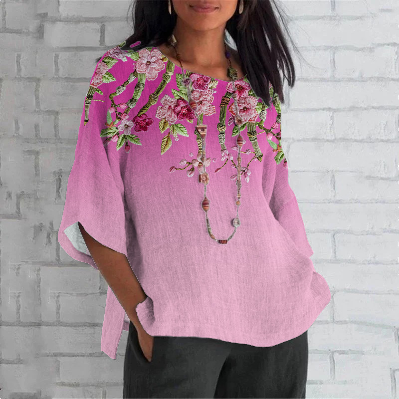 Retro Floral Embroidery Art Painting Breast Cancer Awareness 's Linen Blend Cozy Tunic