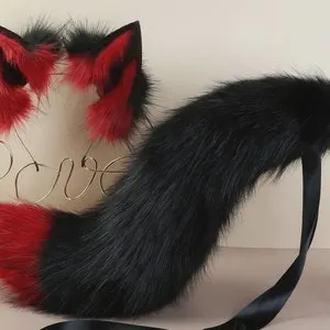 black red fox tail plug and ear set wolf tail buttplug ass faux ...