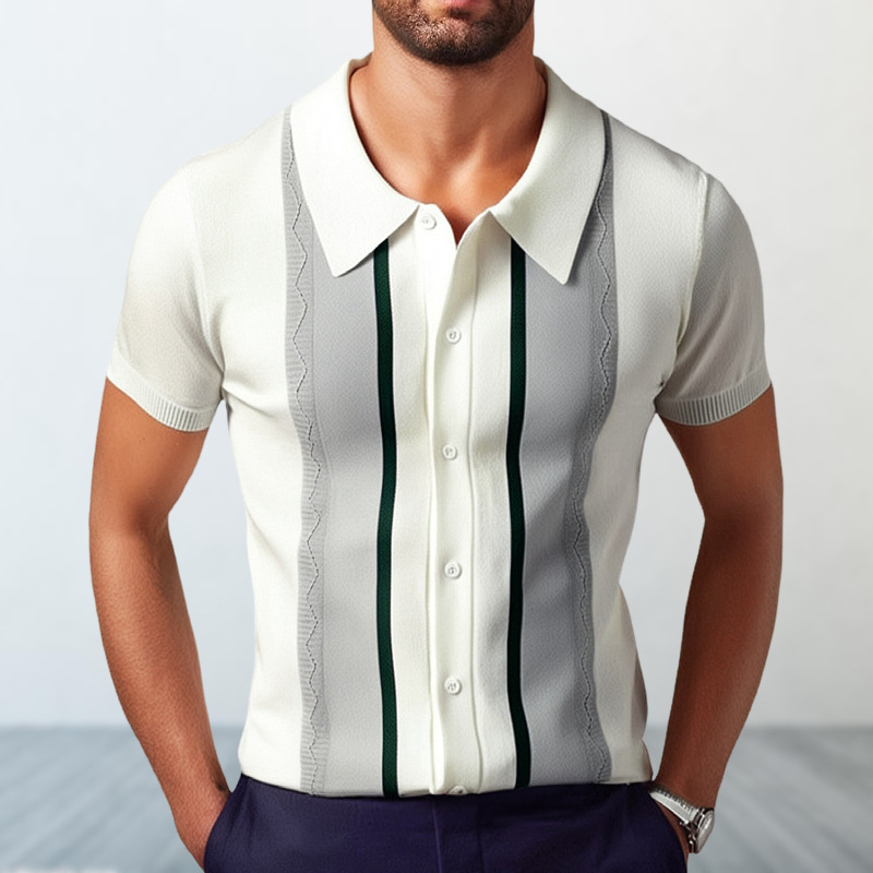 Men's Knitted Collar Casual Striped Polo Shirt Summer Button Cardigan | ARKGET