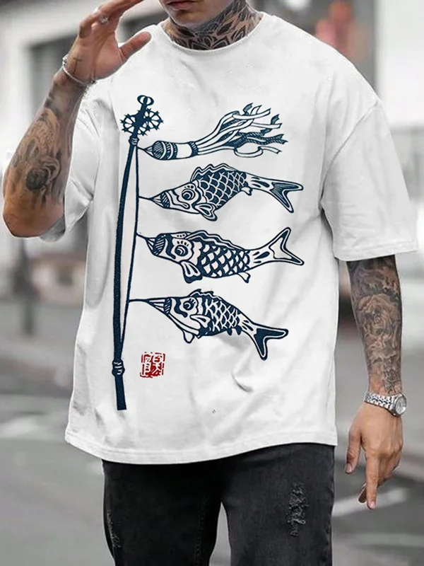 Men's Koi Carp Fish Flag Art Print Casual Short Sleeve T-Shirt