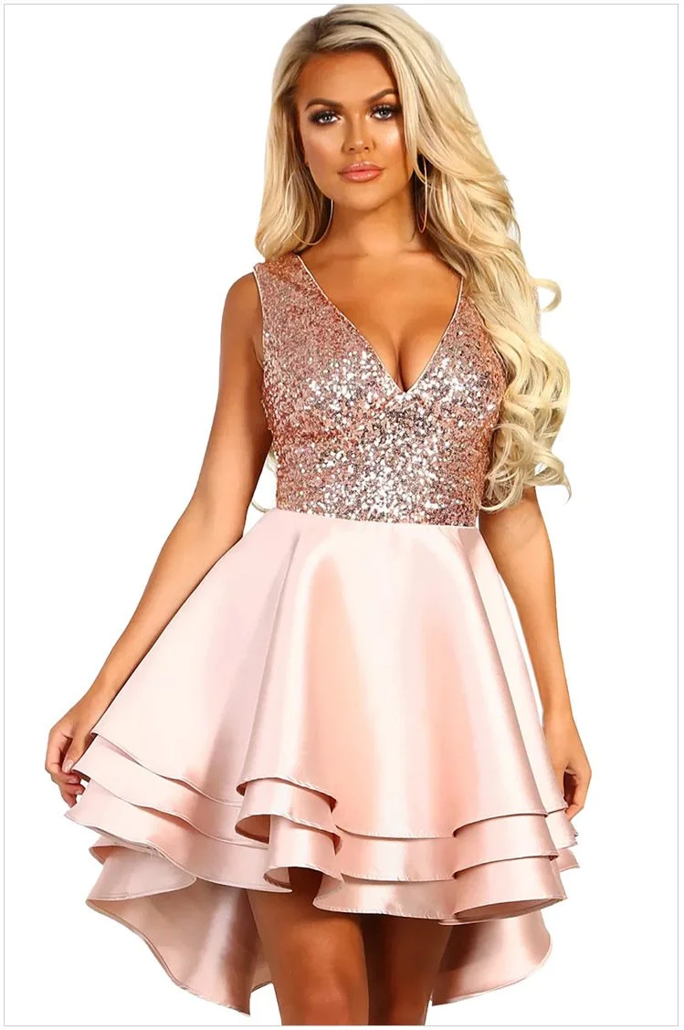 Homecoming Dress Sequins Glitter Deep V-Neck High Low Midi Swing Dresses