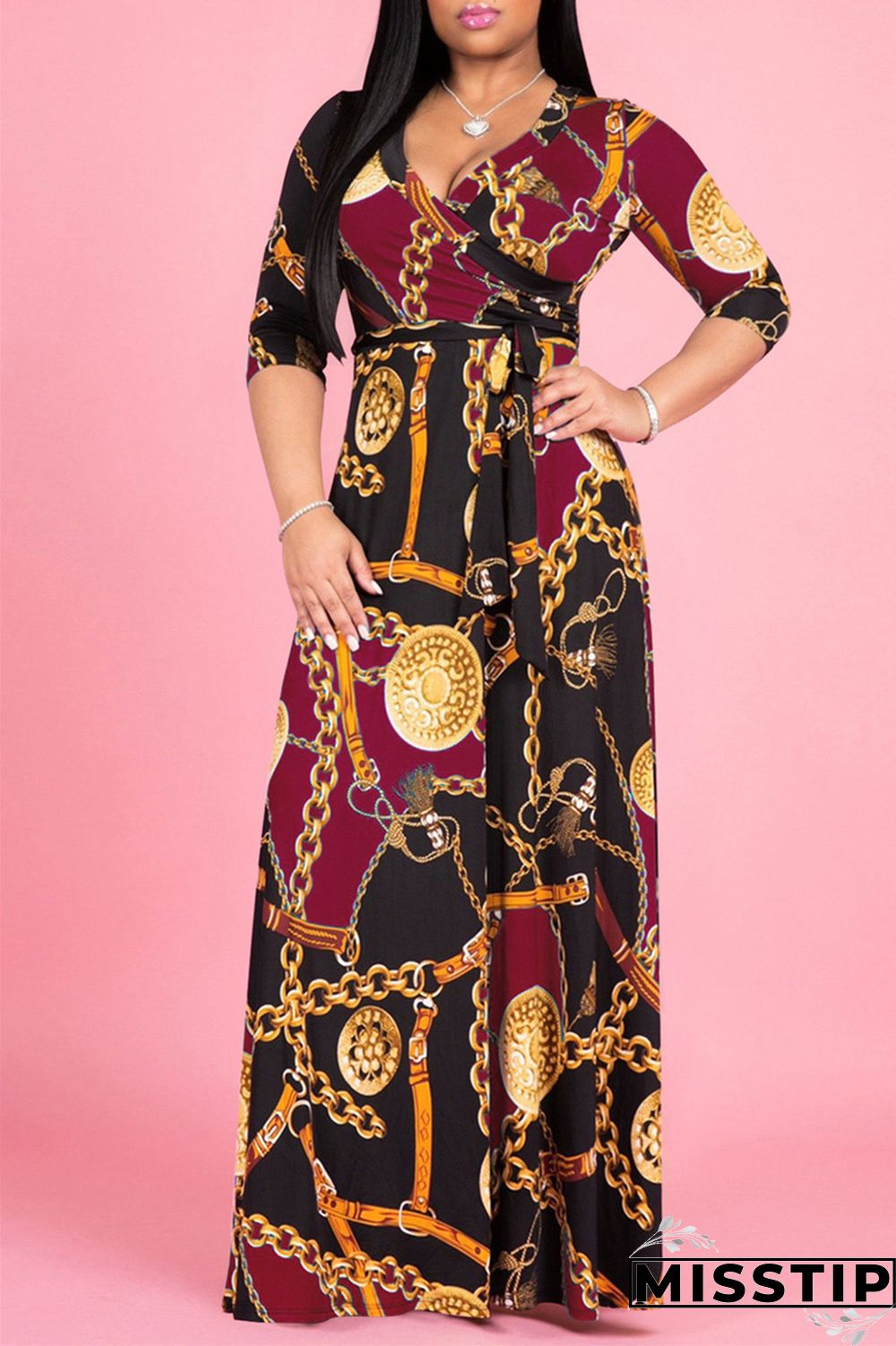 Blue Fashion Casual Print Bandage V Neck Long Sleeve Dresses