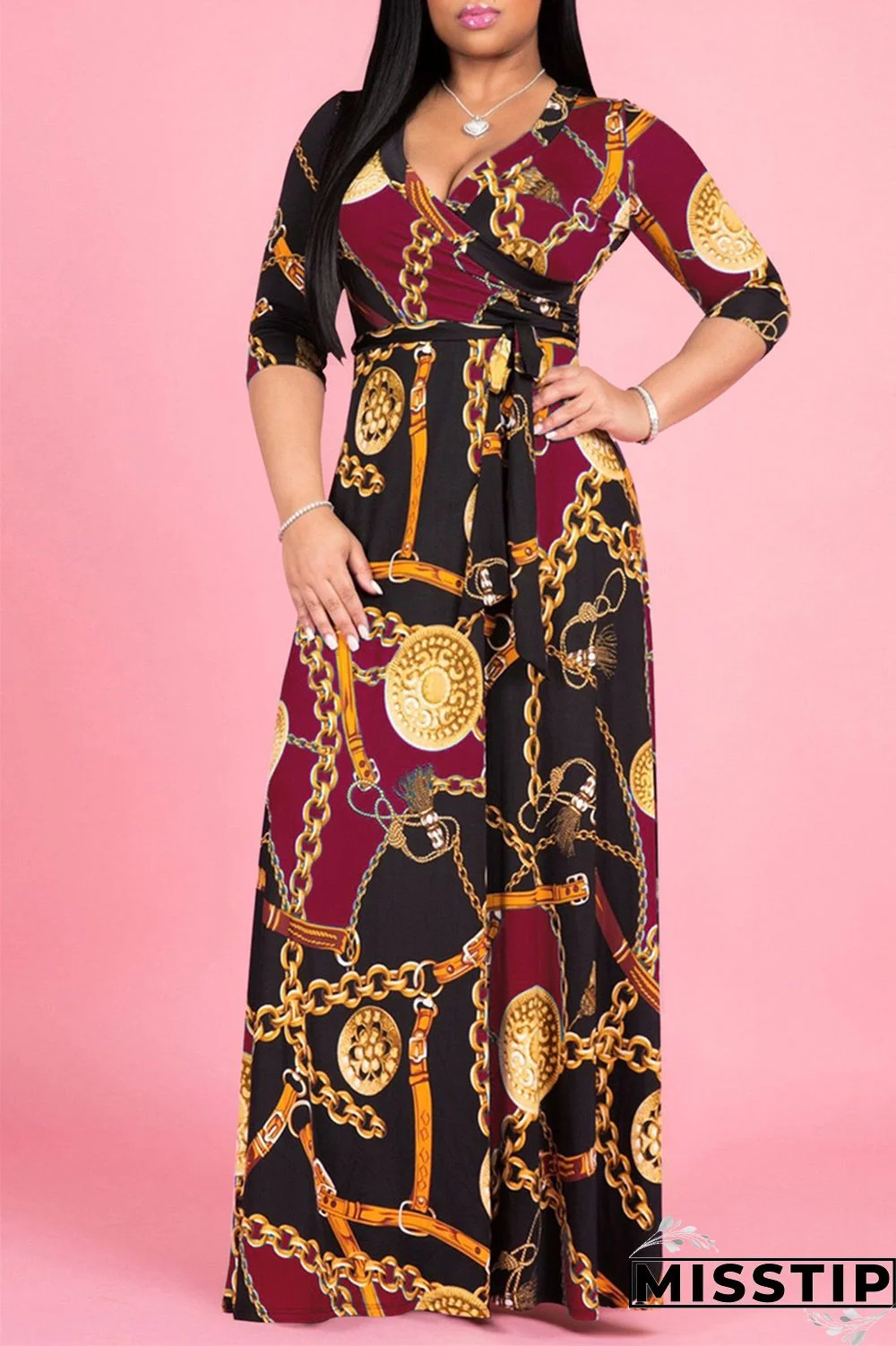 Blue Fashion Casual Print Bandage V Neck Long Sleeve Dresses