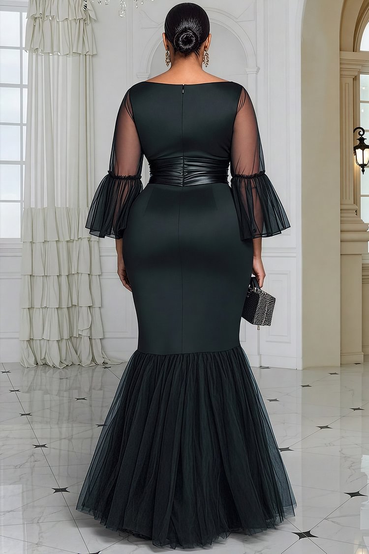 Xpluswear Design Plus Size Formal Tulle Black Round Neck Flare 3/4 Sleeve Contrast Elegant Bodycon Satin Maxi Dresses [Pre-Order]