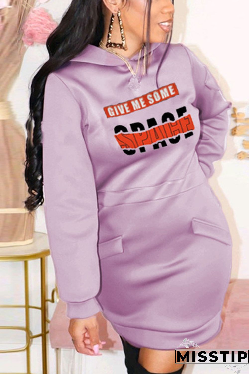 Grey Fashion Print Pocket Hooded Collar Dresses