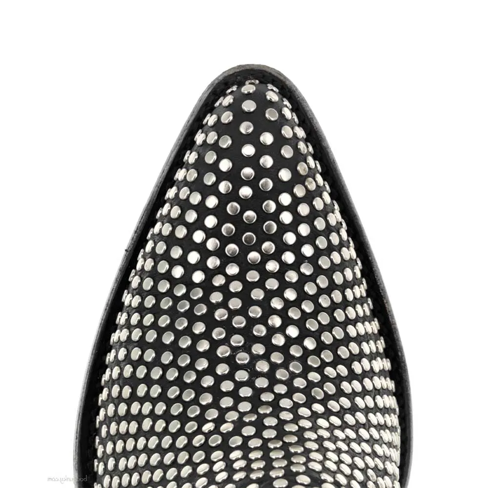 Black Pointed Toe Studded Western Boots for Women with Zipper