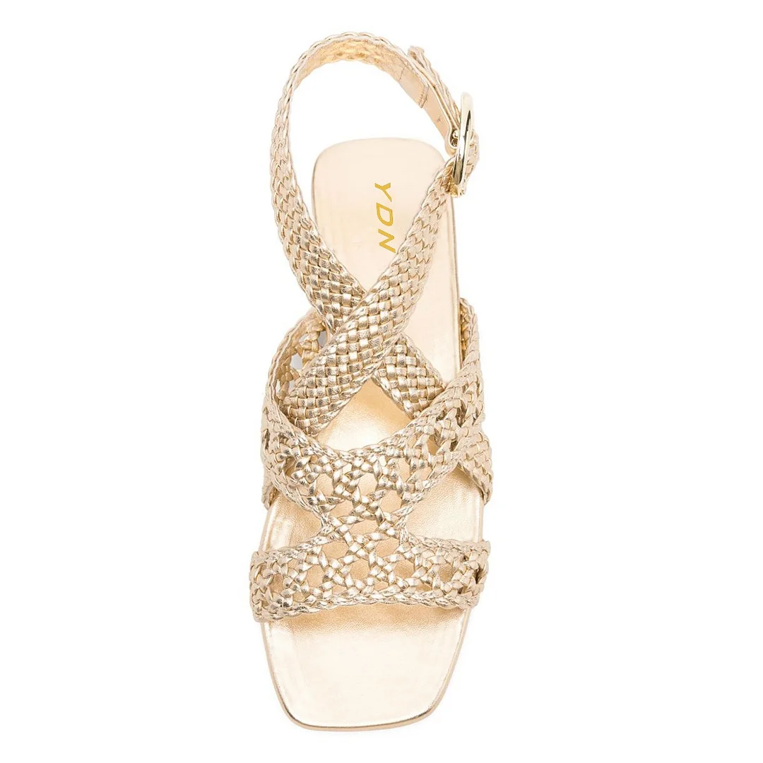 Metallic Finish Open Toe Braided Ankle Strap Flat Gold Sandals