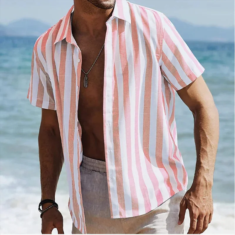  Striped Short-Sleeve Button-Up Shirt for Men - Perfect for Summer Beach Outings