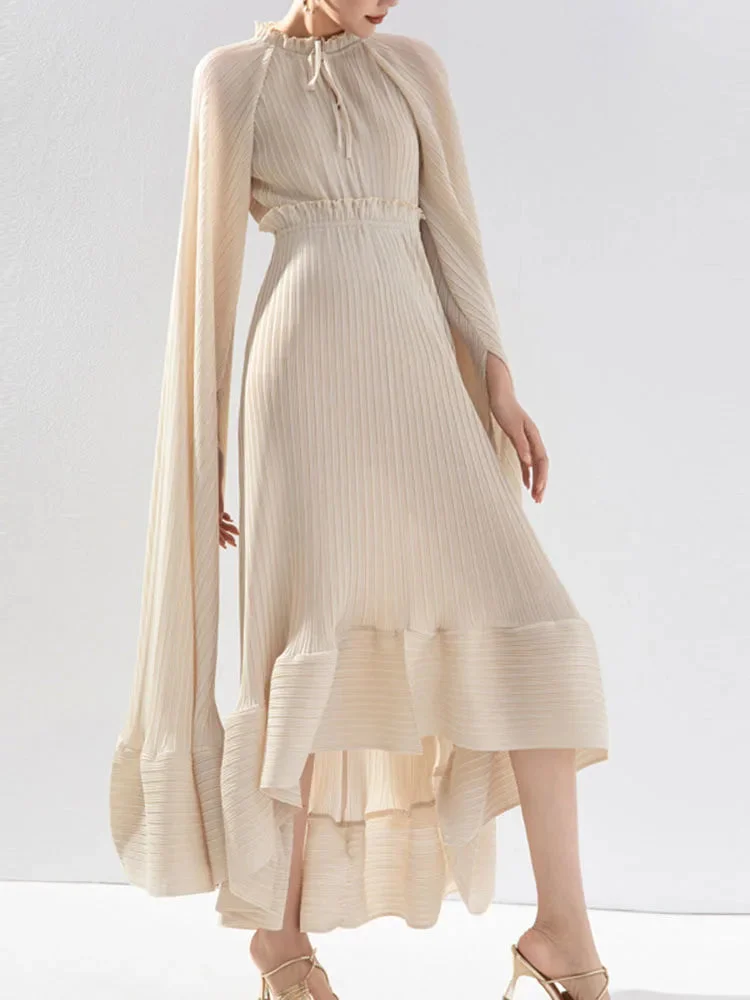 Modern Red V-neck Lacing Up Ruffled Hem Pleated Cape Dress