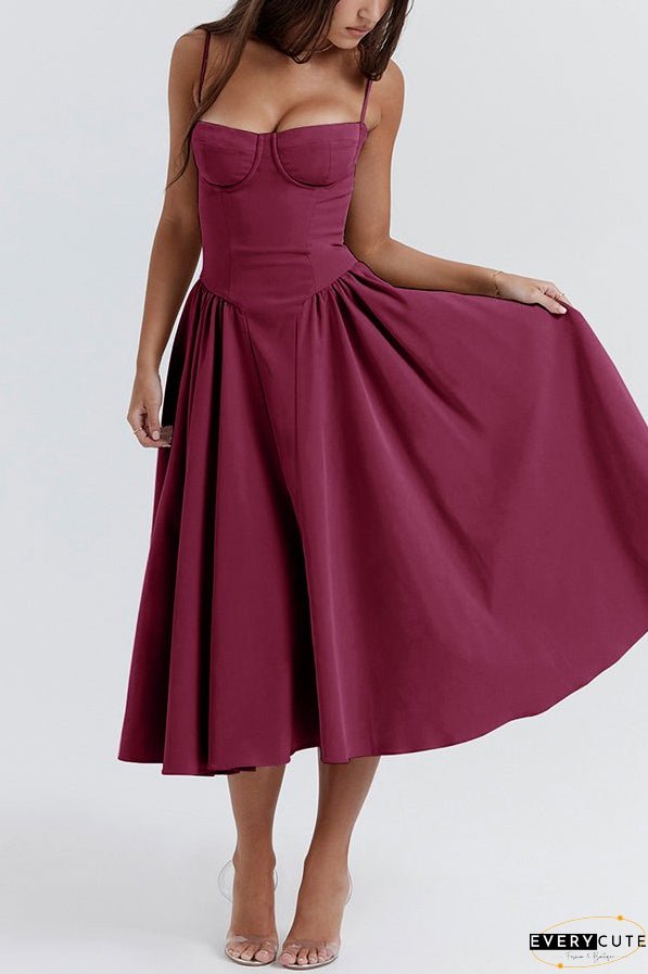 Solid Color Vintage Slim Fit Suspender Pocket Midi Dress