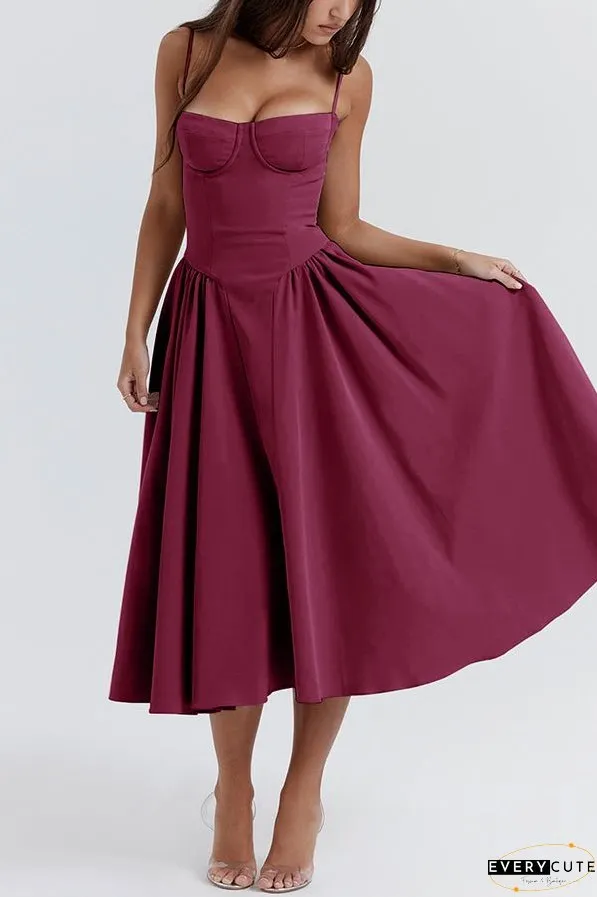 Solid Color Vintage Slim Fit Suspender Pocket Midi Dress