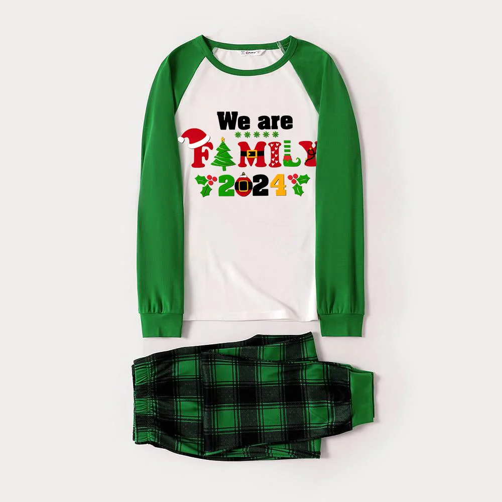 Christmas We are Family 2024 Letter Print Green Rotator Cuff Top With Green & Black Plaid Family Matching Pajamas