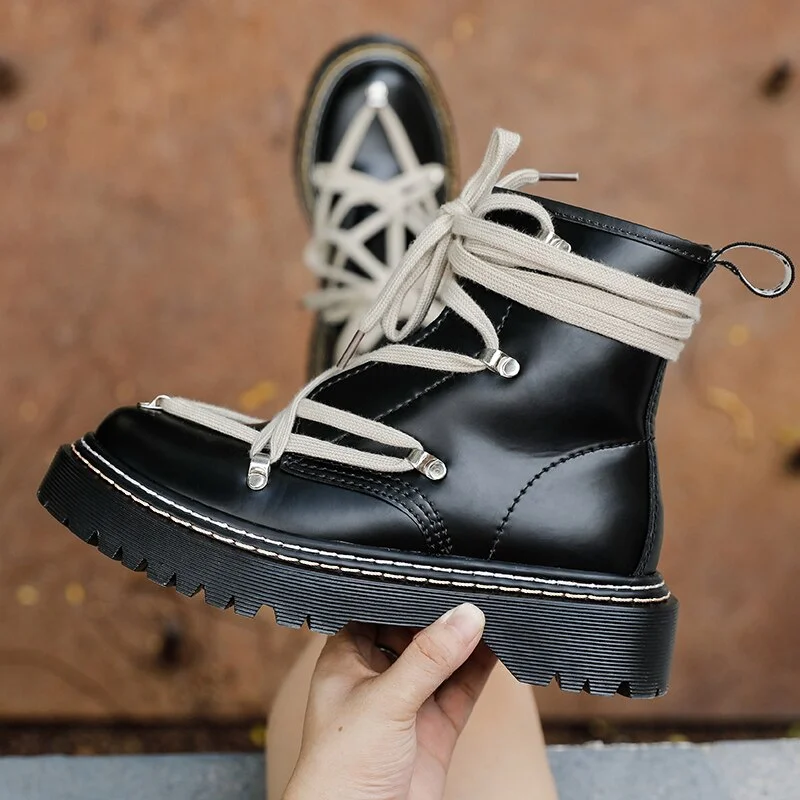 2021 Fashion Women Platform Boots Black Martin Winter Snow Boots Chunky Motorcycle Ankle Booties Female Leather Zipper Booties