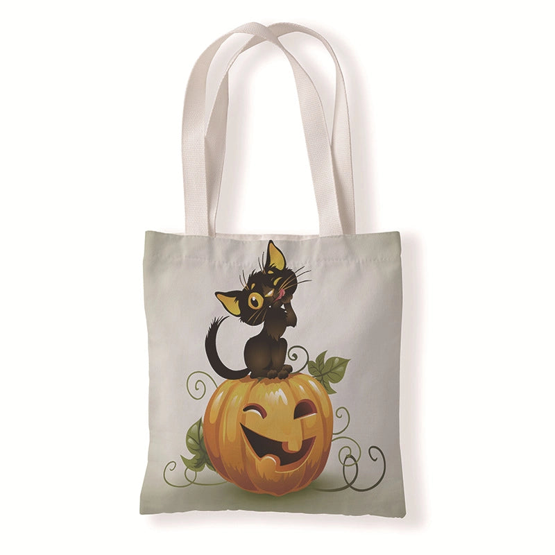 Halloween Women’s Medium Canvas Pumpkin Cat Streetwear Square Open Canvas Bag