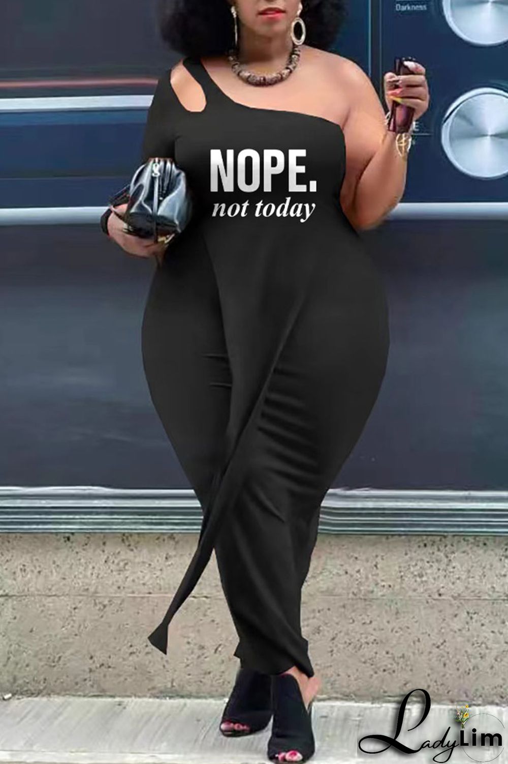 Black And White Sexy Street Print Patchwork Asymmetrical Oblique Collar Plus Size Two Pieces