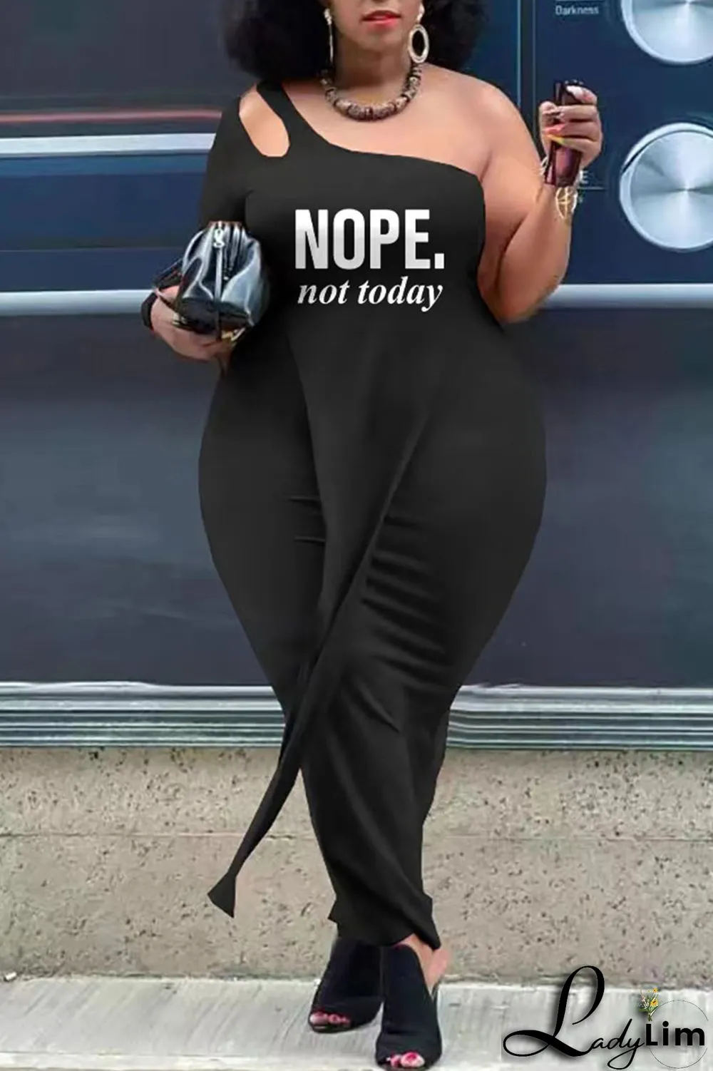 Black And White Sexy Street Print Patchwork Asymmetrical Oblique Collar Plus Size Two Pieces